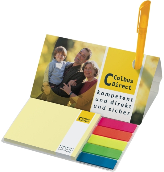 KombiSet mit Haftnotizblock + 5 transparenten FilmMarkern mit Farbfeld in Zick-Zack-Lage, offen