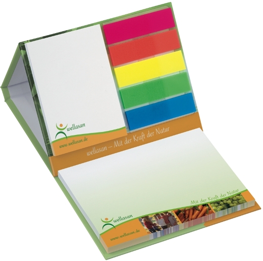 KombiSet mit Haftnotizen und Filmmarkern in Bookcover-Aufsteller, vorne