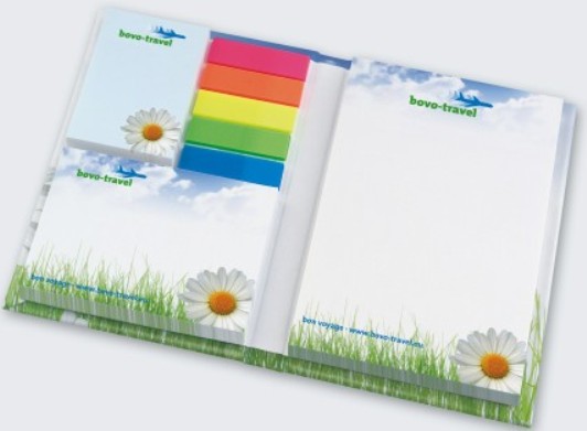 KombiSet Haftnotizen 50x72mm + 100x72mm + 5 Filmmarker in Bookcover, offen