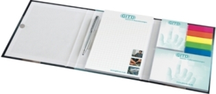 KombiSet in Bookcover,  2 Haftnotizbl&ouml;cke, 5 FilmMarker, Notizblock, offen