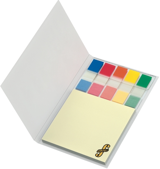 KombiSet mit Haftnotizblock + 5 transparenten FilmMarkern mit Farbfeld in Zick-Zack-Lage, offen