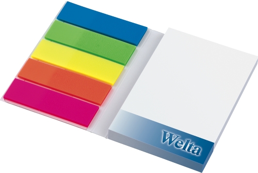 KombiSet mit Haftnotizblock + 5 transparenten FilmMarkern mit Farbfeld in Zick-Zack-Lage, offen