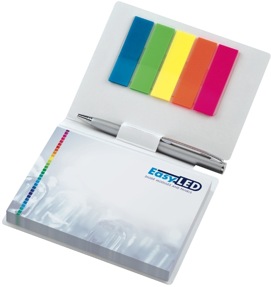 KombiSet 100x72mm mit Haftnotoizen + 5 FilmMarker + MetallKugelschreiber, offen