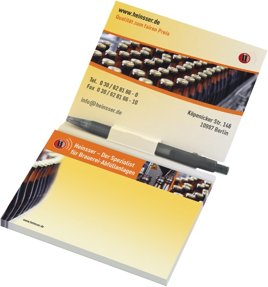 MiniOffice mit 1 Haftnotizblock und eiinem Bleistift in Karton-Umschlag, innen  1farbigbedruckt, offen