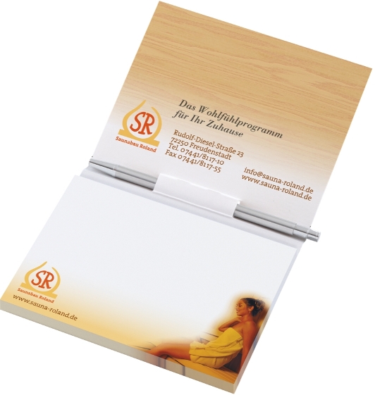 MiniOffice mit 1 Haftnotizblock und eiinem Bleistift in Karton-Umschlag, innen  1farbigbedruckt, offen