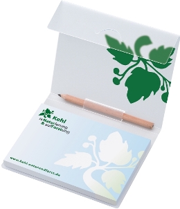 MiniOffice mit 1 Haftnotizblock und eiinem Bleistift in PP-Umschlag mit Klappe 1farbig bedruckt, offen 