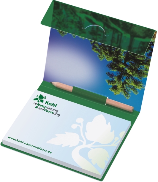 MiniOffice mit 1 Haftnotizblock und eiinem Bleistift in PP-Umschlag mit Klappe 4farbig bedruckt, offen 