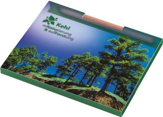 MiniOffice mit 1 Haftnotizblock und eiinem Bleistift in PP-Umschlag mit Klappe 4farbig bedruckt, geschlossen