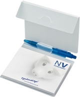 MiniOffice in unbedrucktem PP-Umschlag mit Klappe und Kunststoff- Kugelschreiber, offen