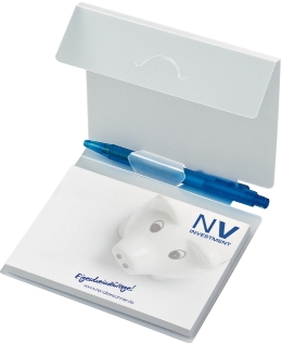 MiniOffice mit 1 Haftnotizblock und einem Kunststoff-Kugelschreiber in PP-Umschlag mit Klappe, unbedruckt, offen