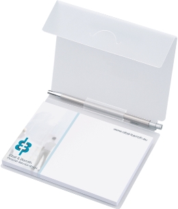 MiniOffice mit 1 Haftnotizblock und einem Metall-Kugelschreiber in PP-Umschlag mit Klappe, unbedruckt, offen