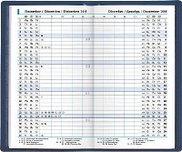 Taschenkalender, deutsch, 87x153 mm, grau/blau, je Monat 2 Seiten, Registerstanzung