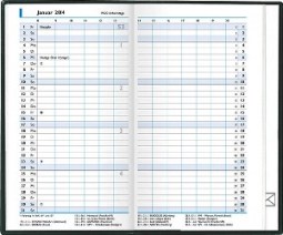Taschenkalender, 87x153 mm, 4-sprachig, grau/blau, je Monatr 2 Seiten, Registerstanzung
