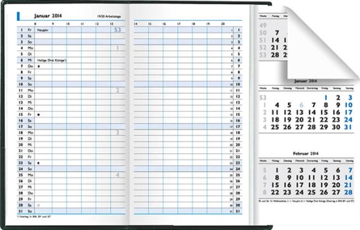 Taschenkalender, 87x153 mm, 4-sprachig, grau/blau, je Monatr 2 Seiten, Registerstanzung