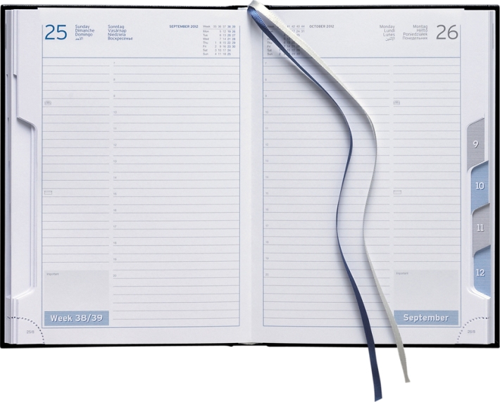 Tagesbuchkalender »Club-842«, 8sprachig, grau/blau, 145x205 mm, Registerstanzung