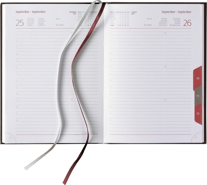 Tagesbuchkalender »Classic-864«, 8sprachig, grau/burgund, 145x205 mm, Registerstanzung