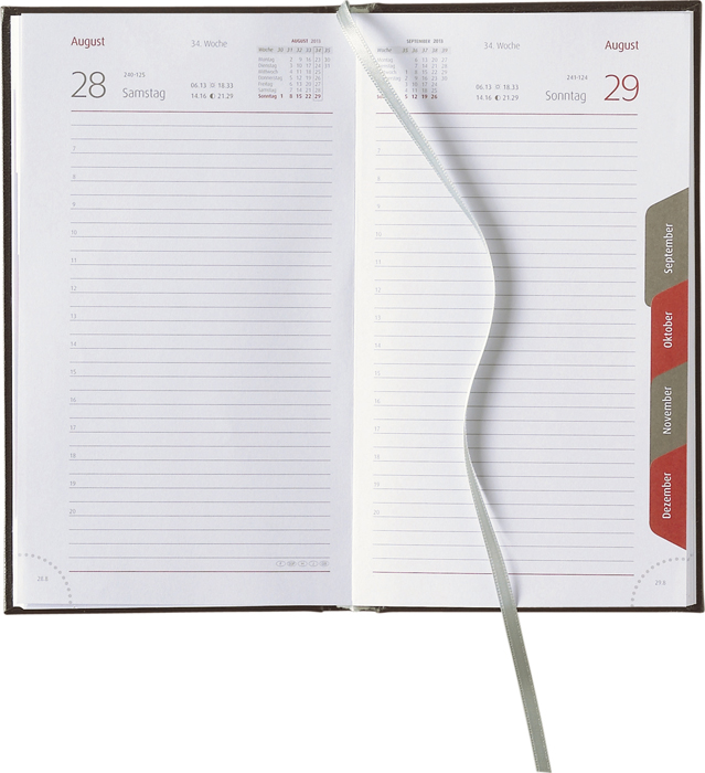 Tagesbuchkalender »Reisetagebuch«, deutsch, grau/burgund, 105x188 mm, Registerstanzung