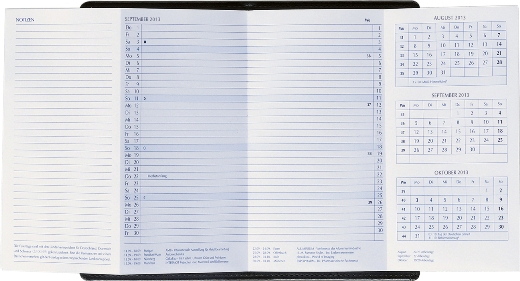 Taschernkalender, 87x153 mm, deutsch, blau/blau, je Monat 2 Seiten, 3-Monatsübersicht, Notizseite je Monat