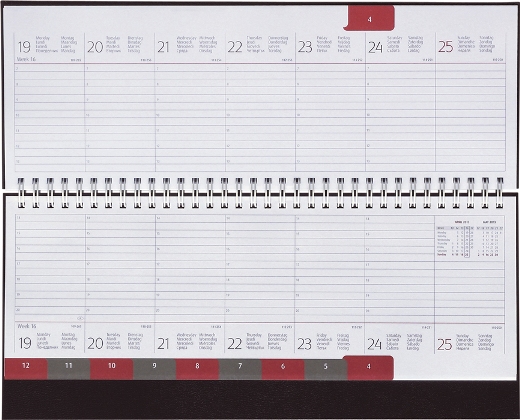 Tisch-Querkalender, 8sprachig, grau/burgund, 298x105 mm, Registerstanzung