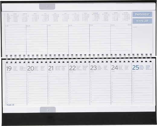 Tisch-Querkalender, 8sprachig, grau/blau, 298x105 mm