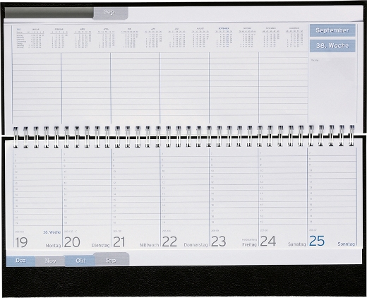 Tisch-Querkalender, deutsch, grau/blau, 298x105 mm, Registerstanzung