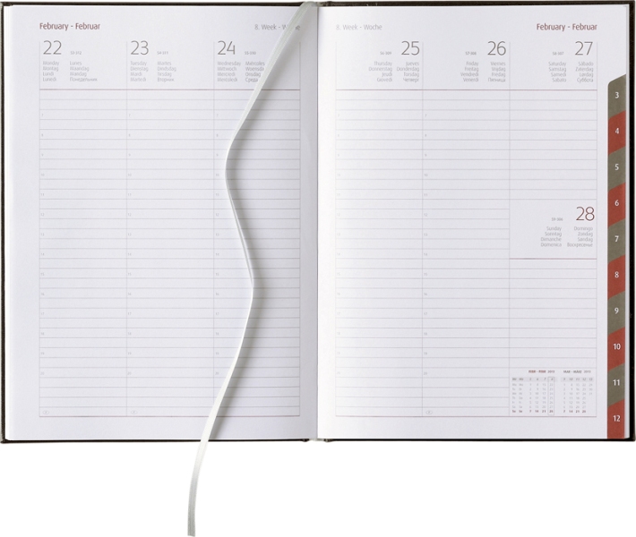 Wochenbuchkalender »Classic-872«, 8sprachig, grau/burgund, 172xs240 mm, Registerstanzung
